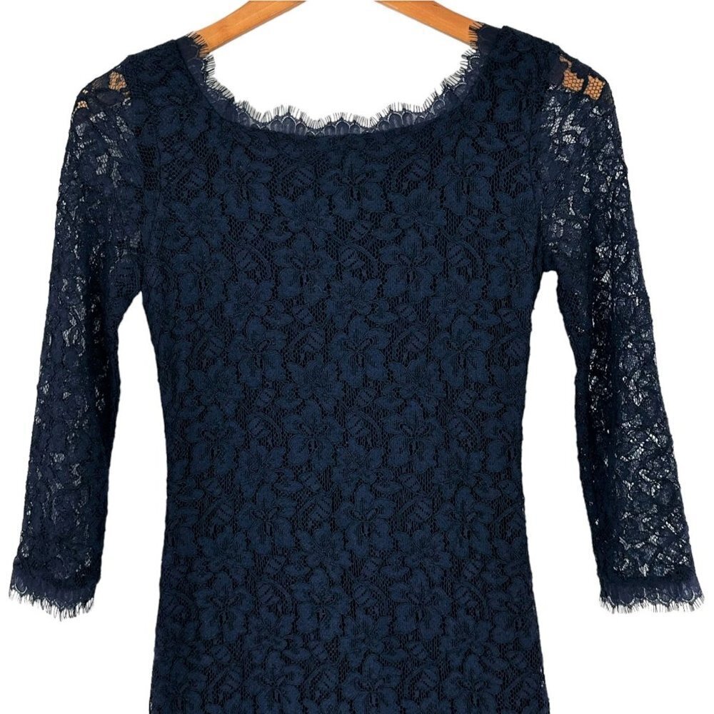 Diane Von Furstenberg DVF Colleen Navy Blue Floral Lace Sheath Dress Size 0 - Picture 4 of 9